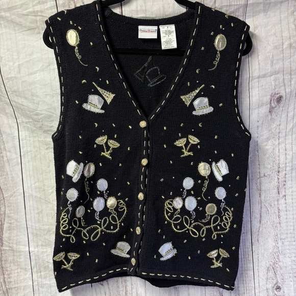 Vintage embroidered New Years Eve Party Black and Gold Festive Vest Small - Picture 1 of 6